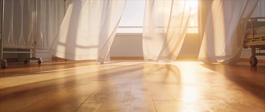 Sunny hospital room curtain morning light floor empty patient bed white curtain breeze soft sunlight interior peaceful healthcare scene warm wood surface calm medical space sunlight hospital curtain