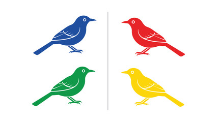 Four stylized birds in vibrant colors standing on a plain background