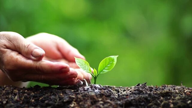 close-up seedling dirt concept reforestation environmental soil sapling background 4k