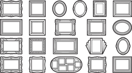 A collection of vintage picture frames showcasing a variety of styles, shapes and designs, set against a classic layout.