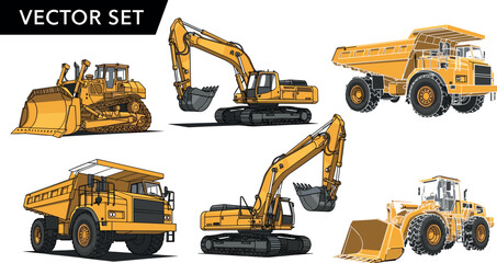 Heavy construction machinery vector set featuring excavator bulldozer wheel loader and dump truck industrial equipment vehicles for mining building and engineering projects © MdZahedul