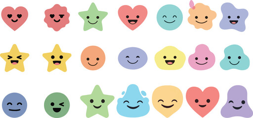 Colorful smiling emoticon faces in various shapes