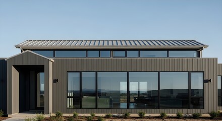 Obraz premium Modern Gray Home with Large Windows Reflecting the Sky and Surrounding Landscape
