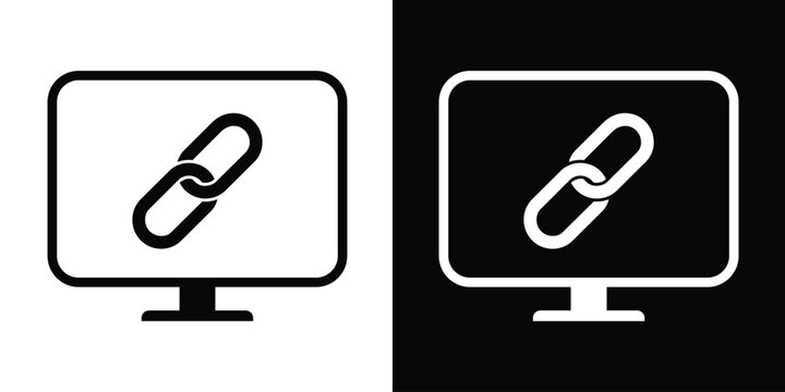 Hyperlink chain icon on computer screen. Symbol for website URL, digital connection, and online referencing. Clean black and white vector design for technology and internet concepts.