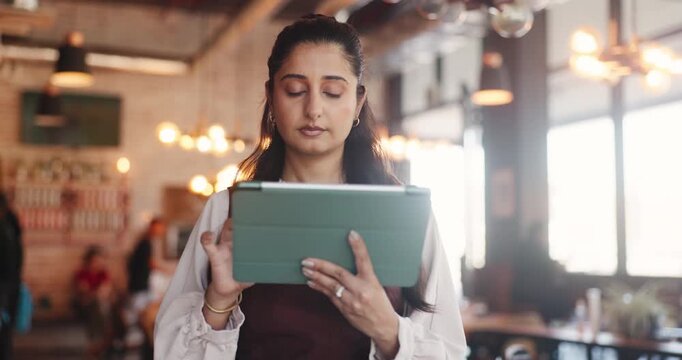 Hospitality, scroll or woman in cafe with tablet, website review and inventory management with sales track. Digital, stock checklist and owner with tech, online order or menu update on restaurant app