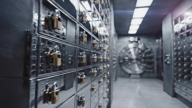 Rows of secure l safe deposit boxes line a long corridor leading to a massive vault door.