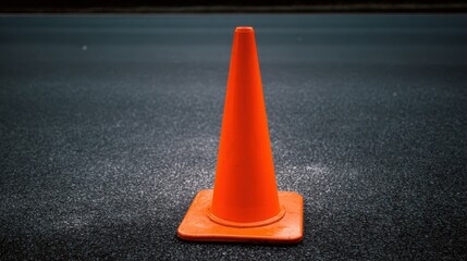 A bright orange traffic safety cone standing prominently on a dark asphalt road surface