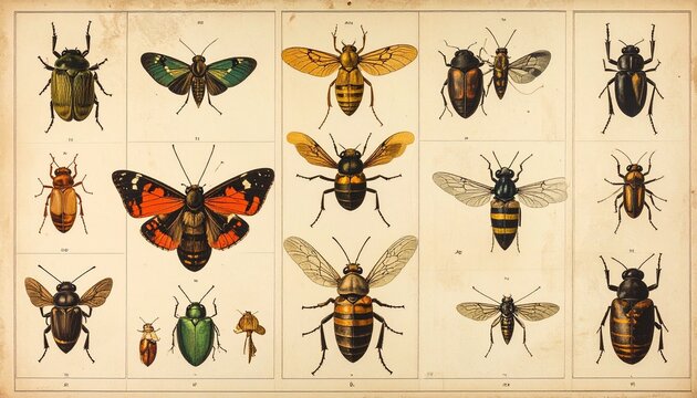 Vintage Entomology Illustration - Diverse Collection of Insects and Beetles.