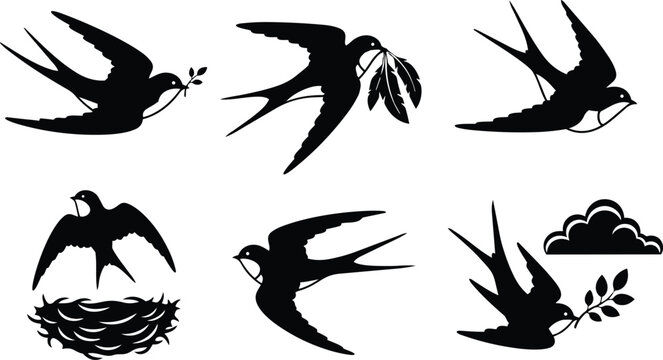 Flat silhouette swallow icons six flying birds some carrying leaves and feathers nest and cloud arranged on white background minimalist black vector set side view graphic