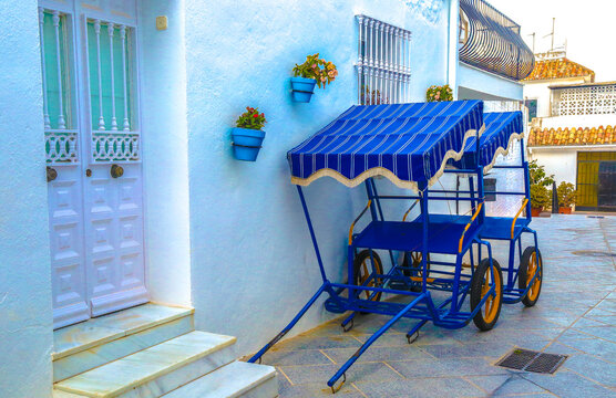 Traditional blue tourist rickshaws parked outside a white house with potted flowers