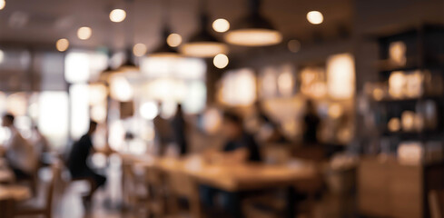 Obraz premium Blurred interior view of a modern cafe with people seated at tables. Soft lighting creates a cozy atmosphere. Shelves filled with items are visible in the background.