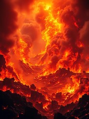Inferno rages, consuming all in a fiery vortex of destruction, glowing, volatile