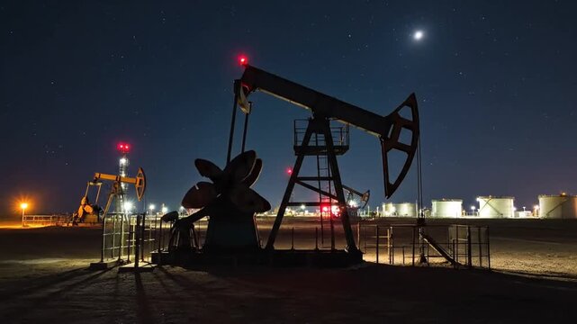 Oil pumpjacks extract crude oil from the ground against a vibrant sunset sky