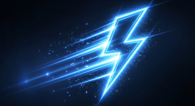 Dynamic neon blue lightning bolt symbol with electric energy and speed effect, digital power graphic
