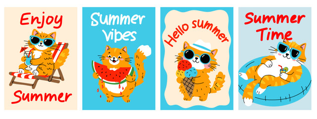 Fototapeta premium Cute Summer Cat Poster Set with Fun Quote