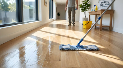 Obraz premium Spring cleaning house concept captured as a woman sweeps through a sunlit hallway with a fresh start ambiance