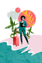 Vertical image picture collage happy smiling woman valise tourist ocean seaside traveler passenger...