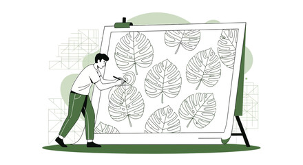 Artist Drawing Tropical Monstera Leaves Pattern on Canvas