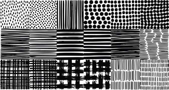 Hand drawn black and white texture panel showing varied brush dot stripe and grid patterns close up for seamless background and graphic design reference modern artwork