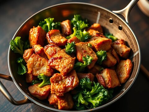 Crispy pork, vibrant kale, wok-kissed perfection, a top-down symphony,  pad kana moo krob,  delicious