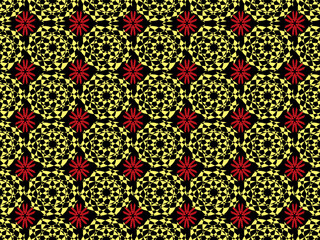 seamless abstract geometric floral pattern with circular shapes and red star motifs