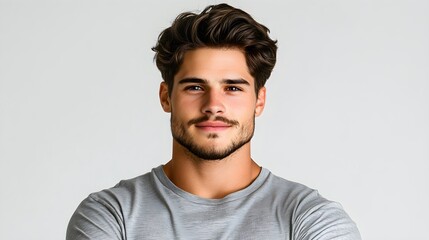 Obraz premium Handsome Young Man With A Stylish Hairstyle Smiling Confidently Against A White Backdrop