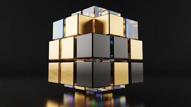 Shifting abstract geometric structure of golden, black, and iridescent cubes rotating against