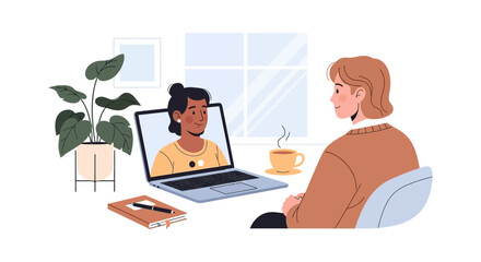 Fototapeta premium Two Women on a Video Call Illustration: Virtual Meeting, Online Learning, Remote Work, and Global Communication