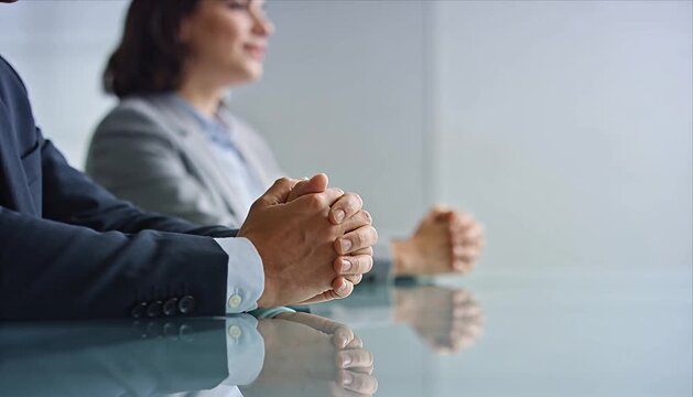 Business meeting hand folded corporate office interview waiting professional people teamwork negotiation table reflection suit woman man partnership discussion cooperation anticipation expectation