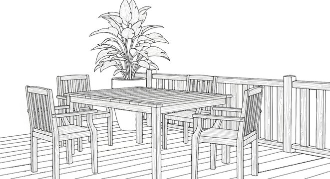 Wooden patio set with lush plant on a deck