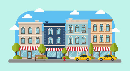 Colorful cartoon illustration of urban buildings with shops and taxis on a city street. © Abhinaya Project
