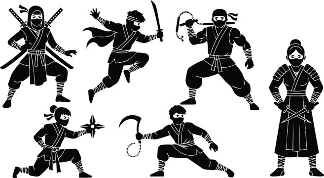Flat silhouette illustration front view group of six ninjas in action poses with swords shuriken and kusarigama on white background dramatic high contrast masked characters poised