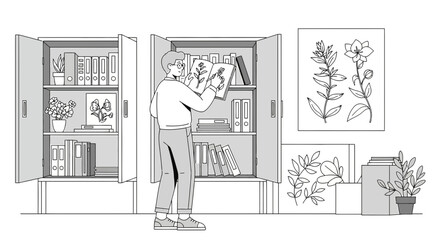 Artist Organizes Botanical Illustrations in a Studio Cabinet