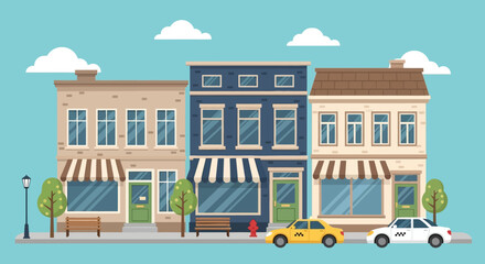 Obraz premium Colorful illustration of three storefronts with cars parked outside on a sunny day.