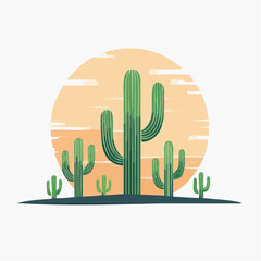 Vector illustration of cactus plant with flower in desert ecology at sunset viewpoint