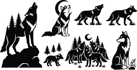 Fototapeta premium Bold tribal wolf silhouette howling on rock with pine trees close up looking away pack of wolves under crescent moon high contrast vector illustration monochrome minimal