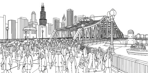 Fototapeta premium Busy city bridge scene with a crowd crossing and boats below