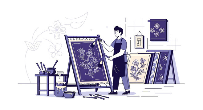 Artist Painting Floral Design on Canvas | Textile Art Creation
