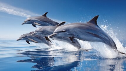Naklejka premium Graceful Dolphin Pod Leaping and Swimming in Formation Through Blue Ocean Waters Under a Clear Sky