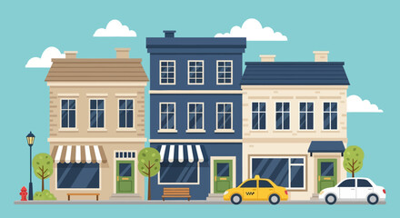 Colorful illustration of three adjacent buildings with cars parked outside.