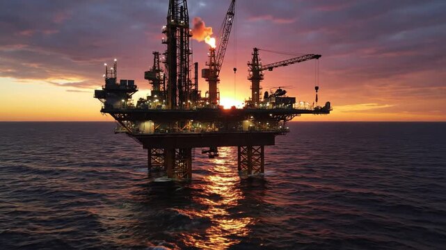 An offshore oil and gas drilling platform operates at sea during a beautiful sunset.