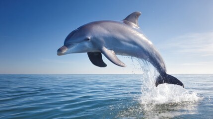 Naklejka premium A playful dolphin leaps joyfully out of the sparkling blue ocean waters under a clear sky.