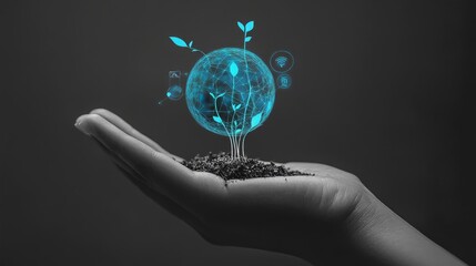 illuminated blue sphere with icons representing technology, digital data, and plant growth