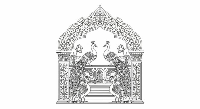 Intricate archway design with peacocks and floral motifs, classic black and white art