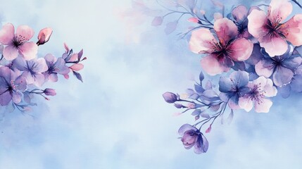 the edge design on blue fabric with delicate watercolor flowers