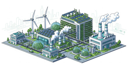 Modern Industrial Cityscape with Renewable Energy Sources.