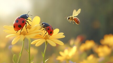 A close-up of two ladybugs on yellow flowers