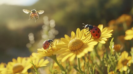 A close-up of two ladybugs on yellow flowers