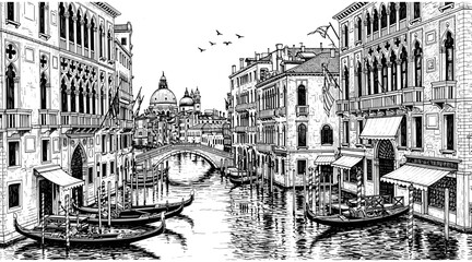 Venice, canal, Italy, grand, canal, gondola, boat, historic, architecture, buildings, bridge, water, city, travel, landmark, vector, illustration, black, and, white © Ahsan