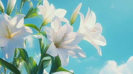 A close-up of white flowers on the side a blue sky background